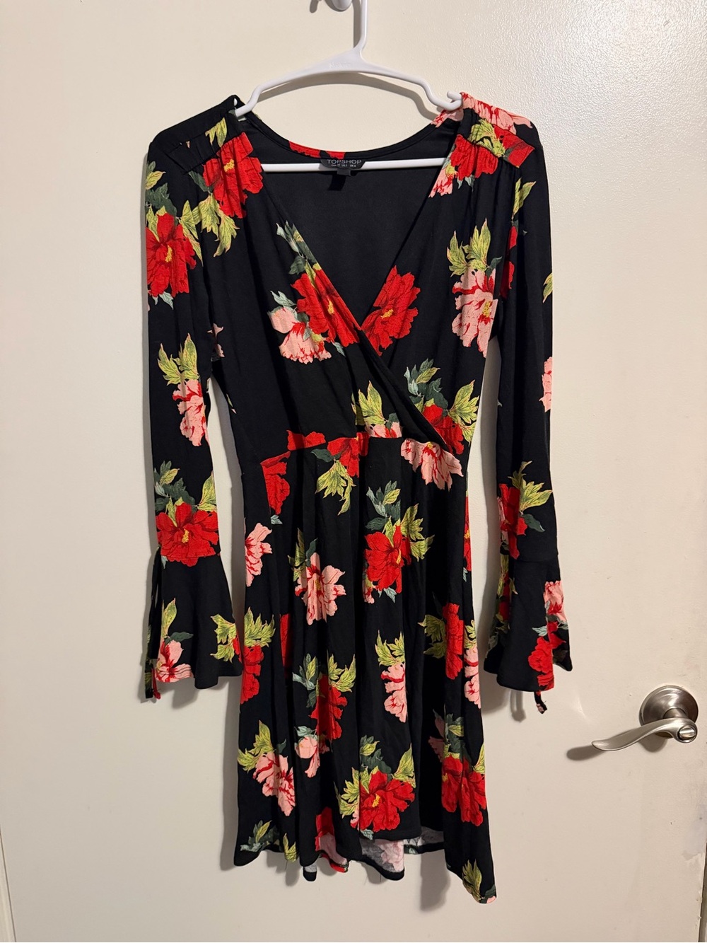 Topshop Black Midi Wrap Dress with Red & Pink Floral Print